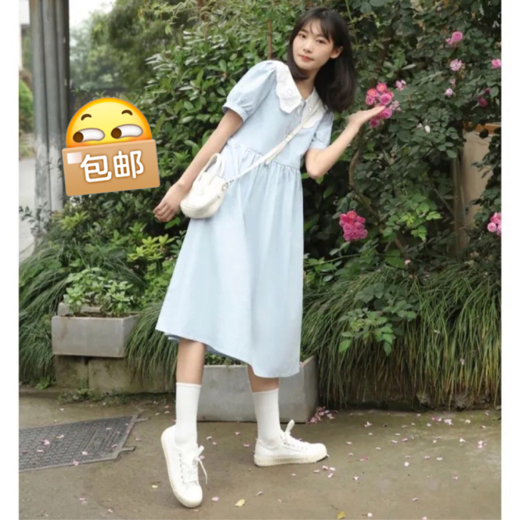 森系泡泡袖连衣裙女2021年夏季新款娃娃领...