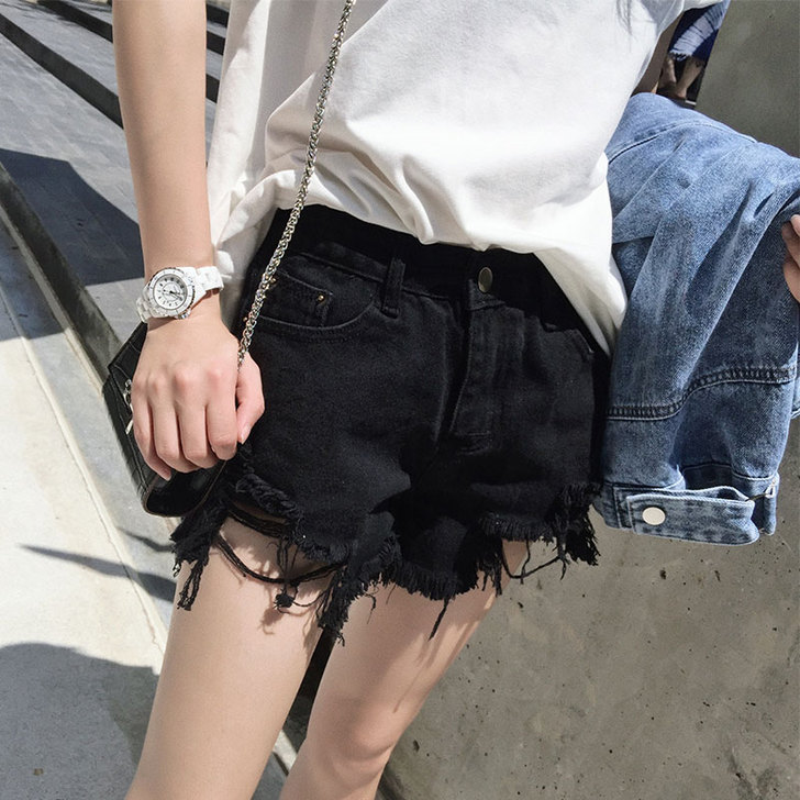 春装2019款女黑色休闲破洞短裤女春高腰韩...