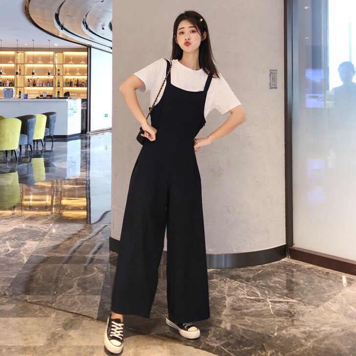日系阔腿连体背带裤2021新款套装女夏薄款...