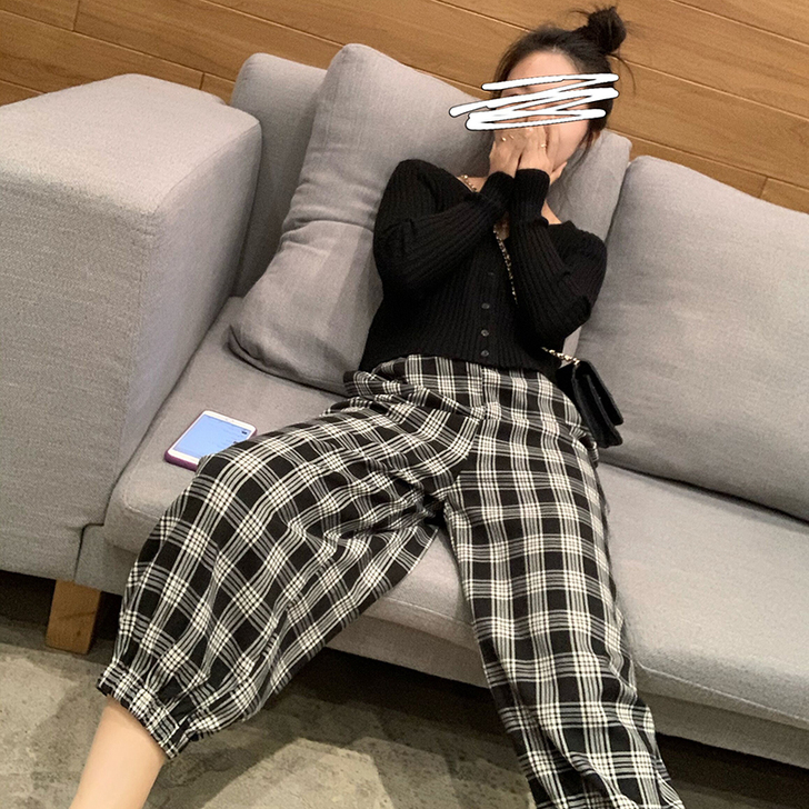 复古高腰格子裤子女直筒宽松2020春夏新款...