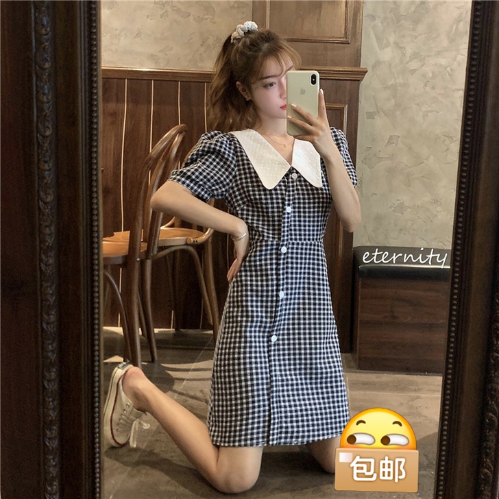 连衣裙法式复古格子娃娃领短袖仙女超仙森系温...
