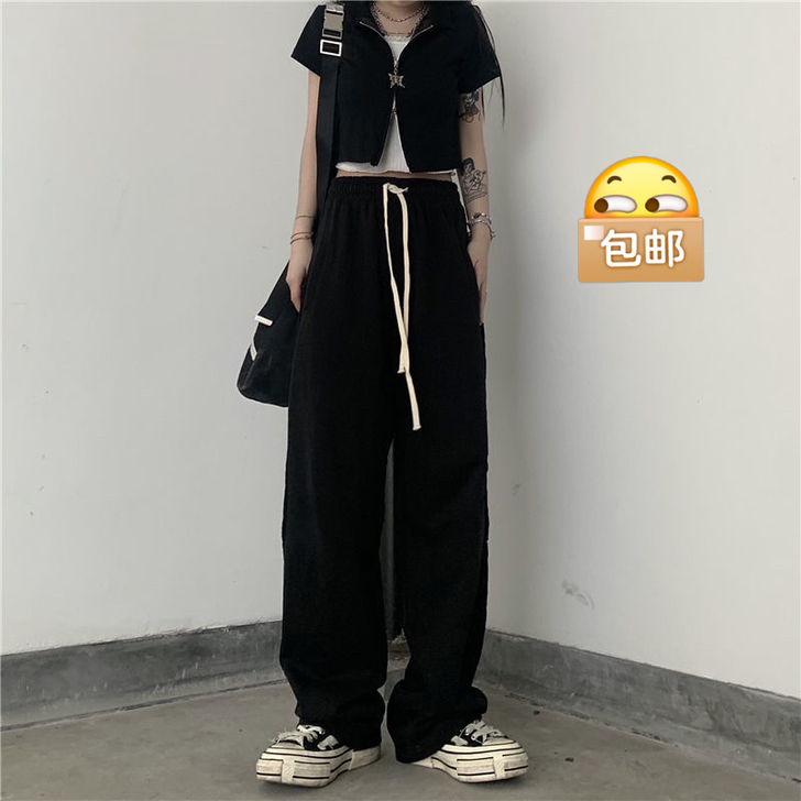 裤子男女夏季ins复古百搭黑色运动休闲裤宽...