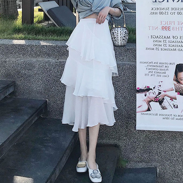 雪纺中长款鱼尾波点半身裙女2021流行夏季...