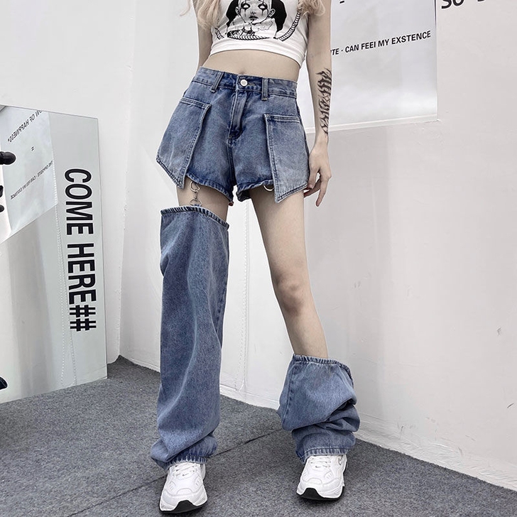 夏秋新款可拆卸拉链宽松显瘦网红两穿牛仔裤女...