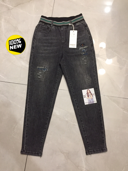 九分裤，女，弹力松紧腰微垮休闲九分牛仔裤，...