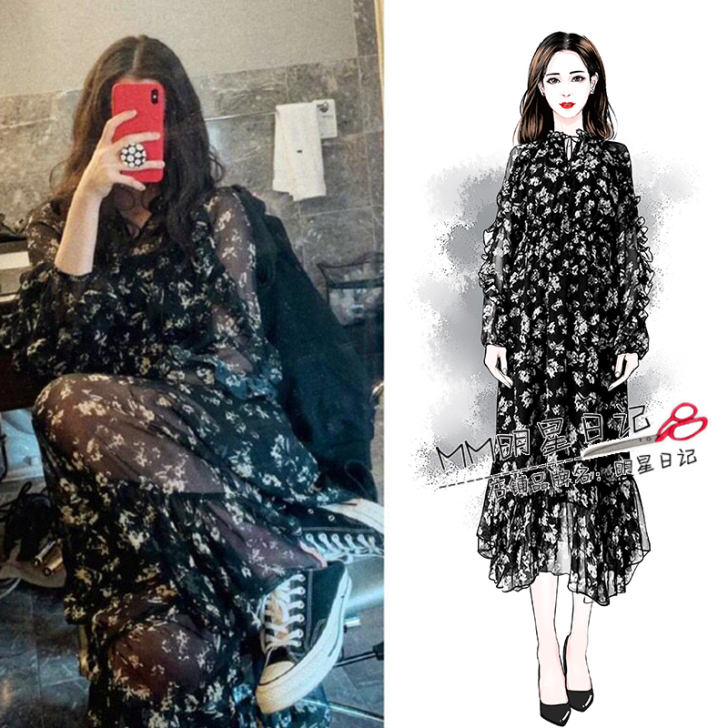 欧阳娜娜同款黑色碎花雪纺连衣裙超仙中长款2...