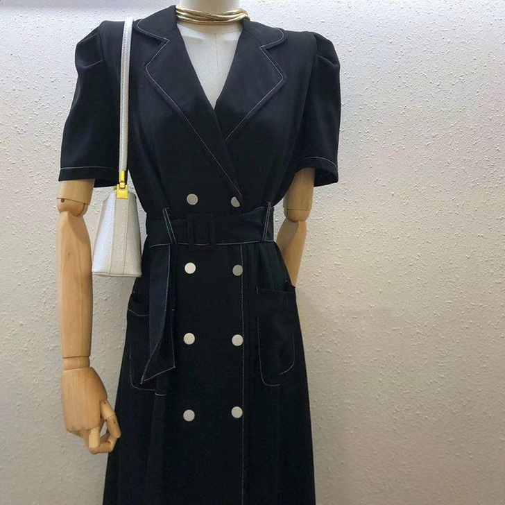 名媛气质露背中长款收腰显瘦双排扣裙子