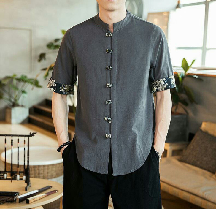 夏季立领衬衫男潮流中国风男装短袖衬衣唐装青...