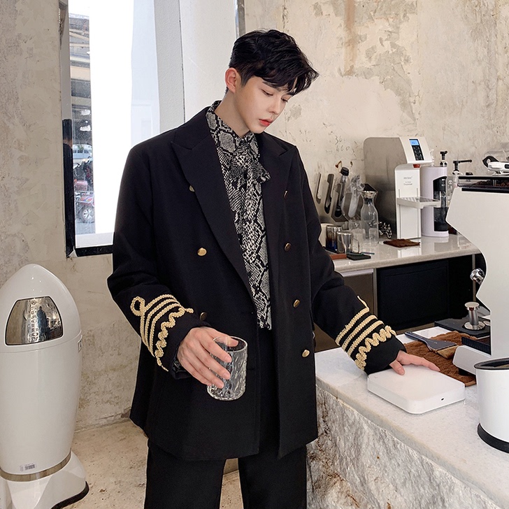 潮牌男士西装秋冬季韩版帅气双排扣西服个性织...