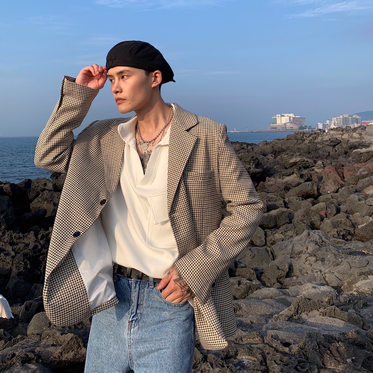 cuibuju 20ss千鸟格子西服男韩版...