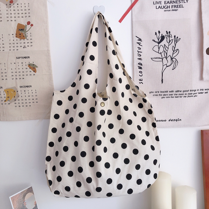 圆波点手提帆布包女包复古大容量单肩包