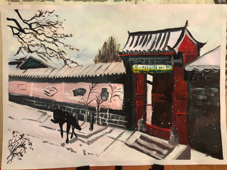 《故宫雪景》水粉画四开 学生作品联系 有喜...