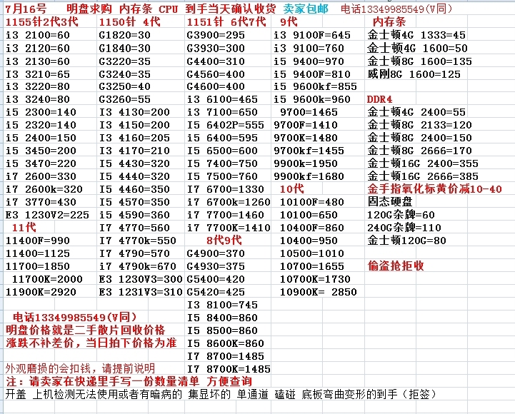 CPU大量回收  2021-7－16号报价表