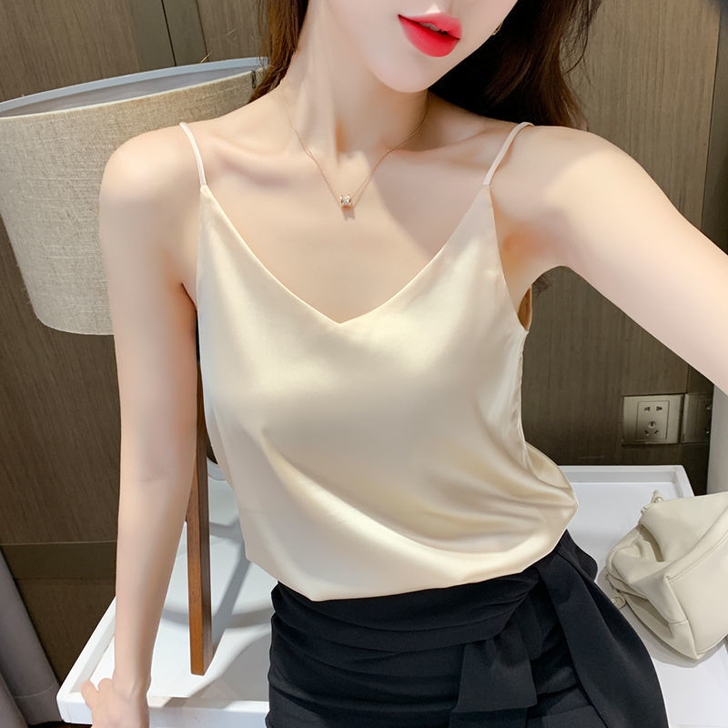 吊带打底背心女夏V领仿真丝绸缎百搭冰丝性感...