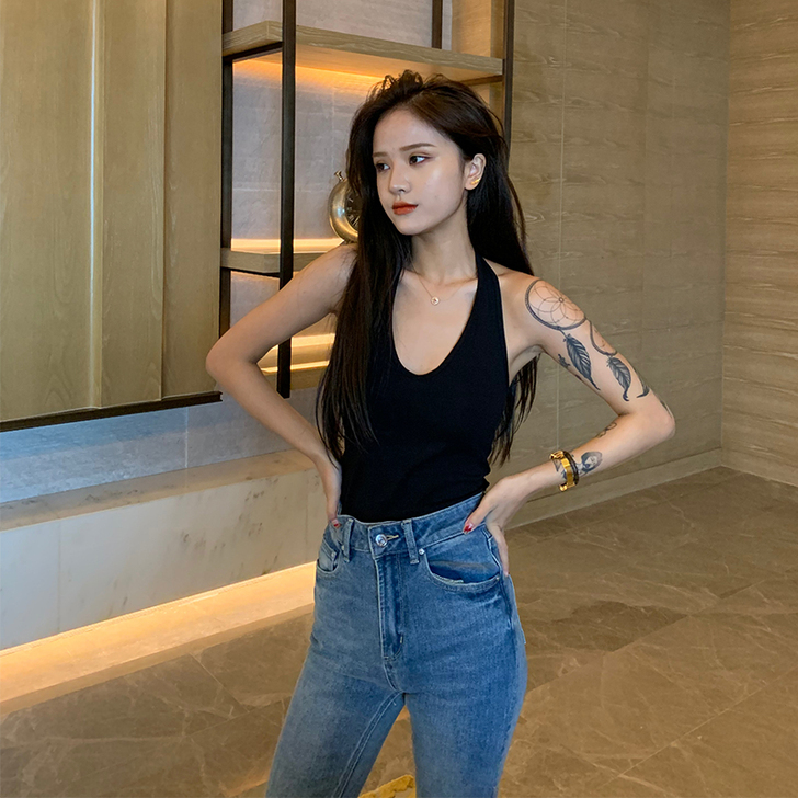 罗百万 挂脖吊带背心女外穿短款上衣性感露背...
