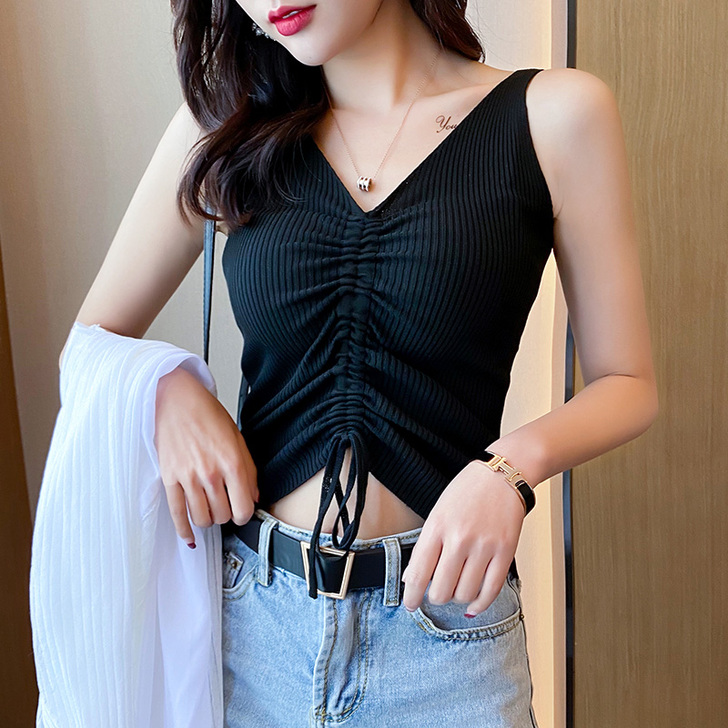 抽绳吊带背心女夏网红针织内搭性感漏脐上衣小...