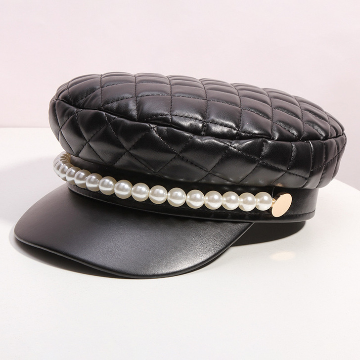 欧美英伦小香风珍珠平顶海军帽女秋冬复古百搭...