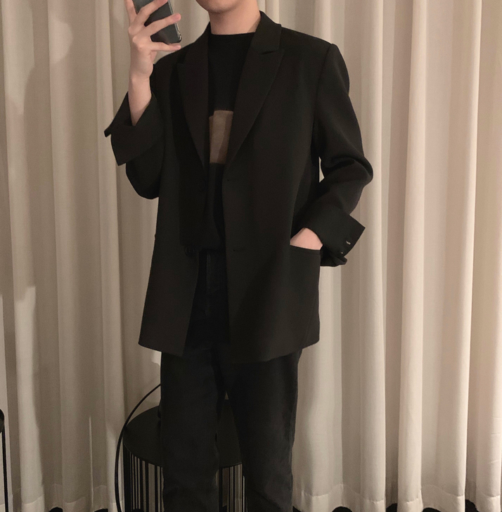 阿茶与阿古秋季新款黑色翻边西装外套男韩版潮...