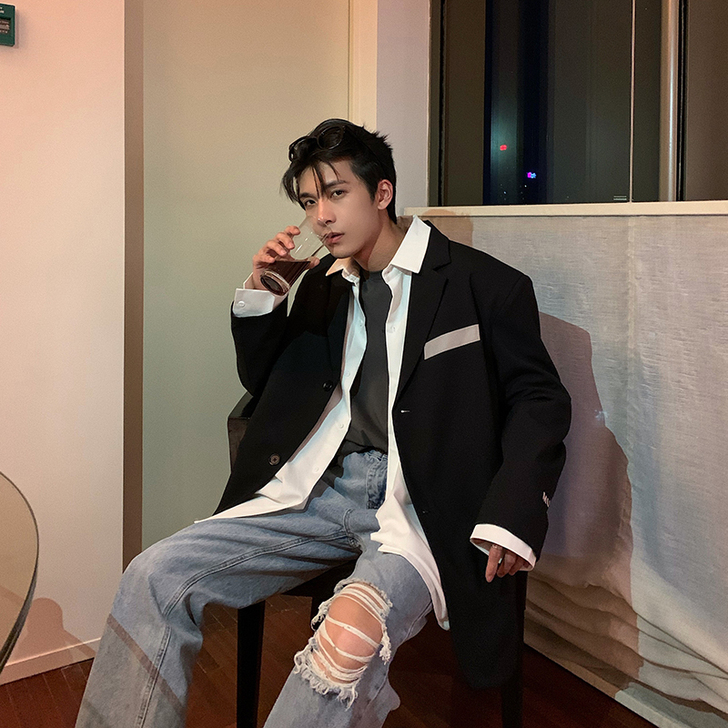 Hualun黑色痞帅休闲西装外套男韩版潮流...