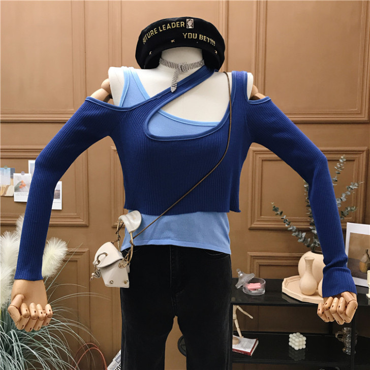 韩系又欲又酷少女超美撞色蓝领假两件露肩长袖...