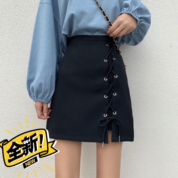 全新 绑带短裙 高腰a字裙 学院风 半身包...