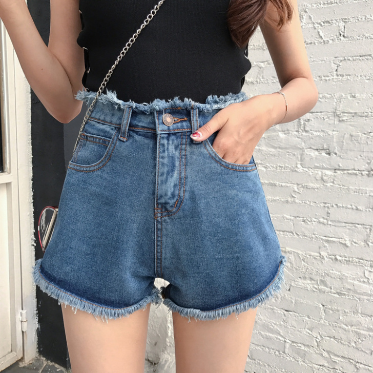 港味复古韩国chic风高腰百搭磨毛牛仔裤宽...