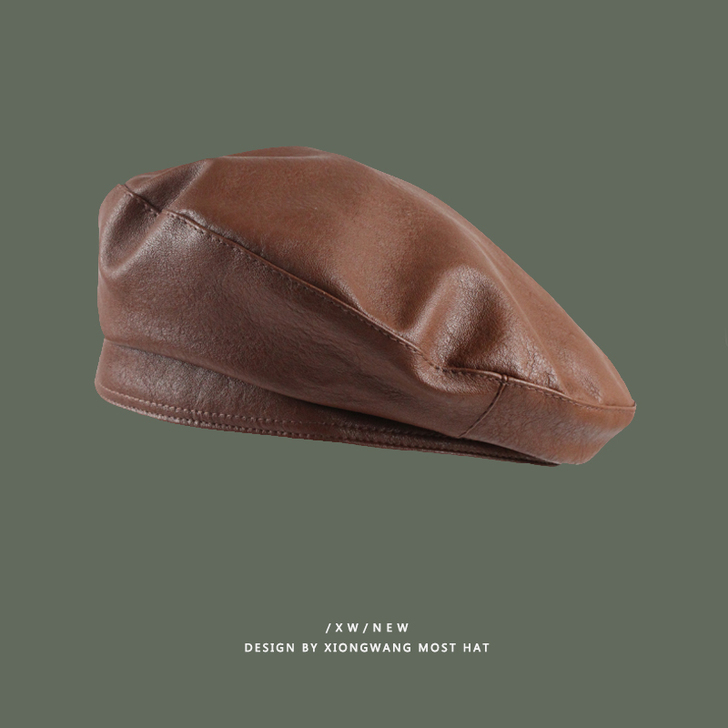 小众设计师款贝雷帽女pu皮网红ins英伦复...