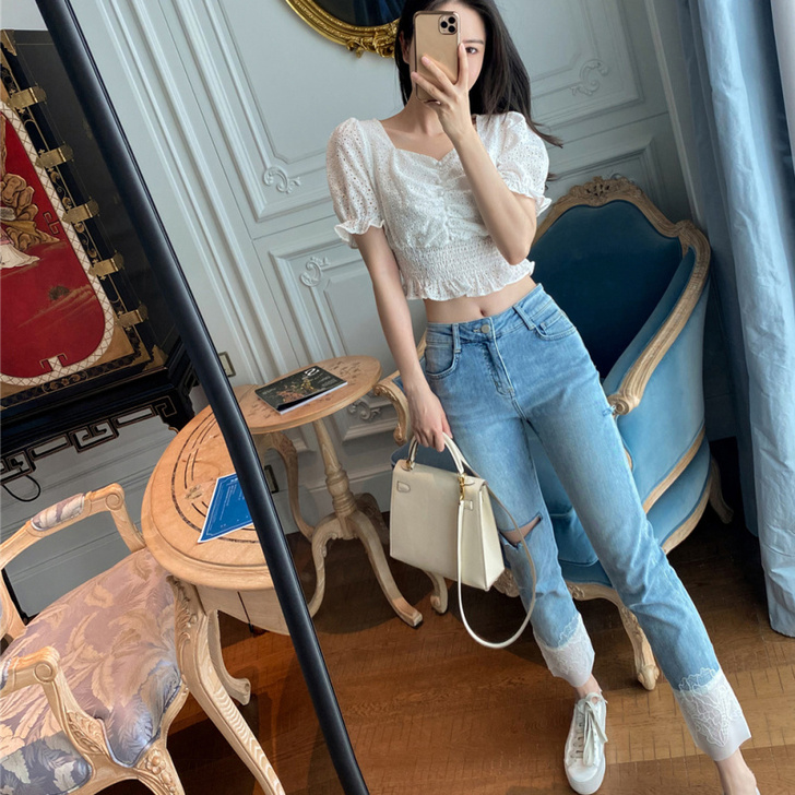 早秋折扣 KINNATTY 蕾丝拼接破洞直...