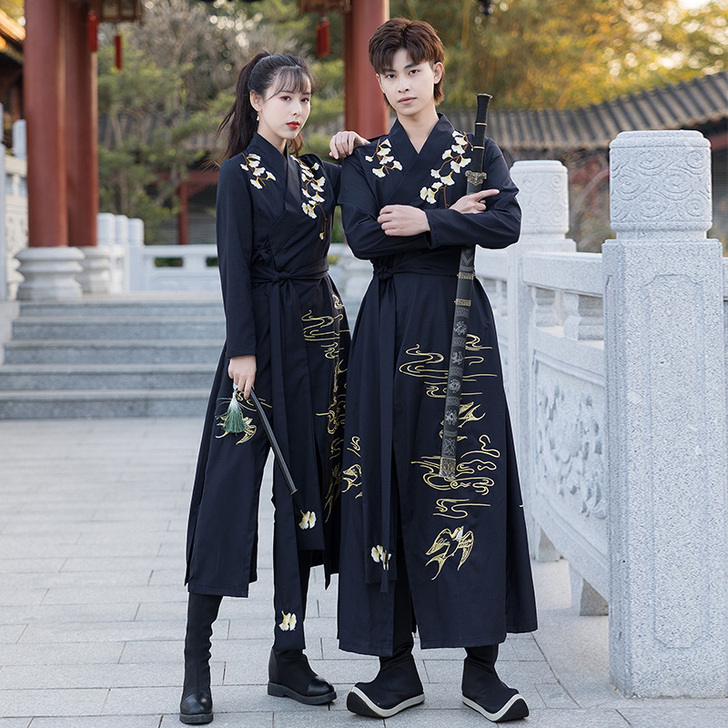 原创汉服男女款黑色长衫魏晋风交领重工刺绣情...