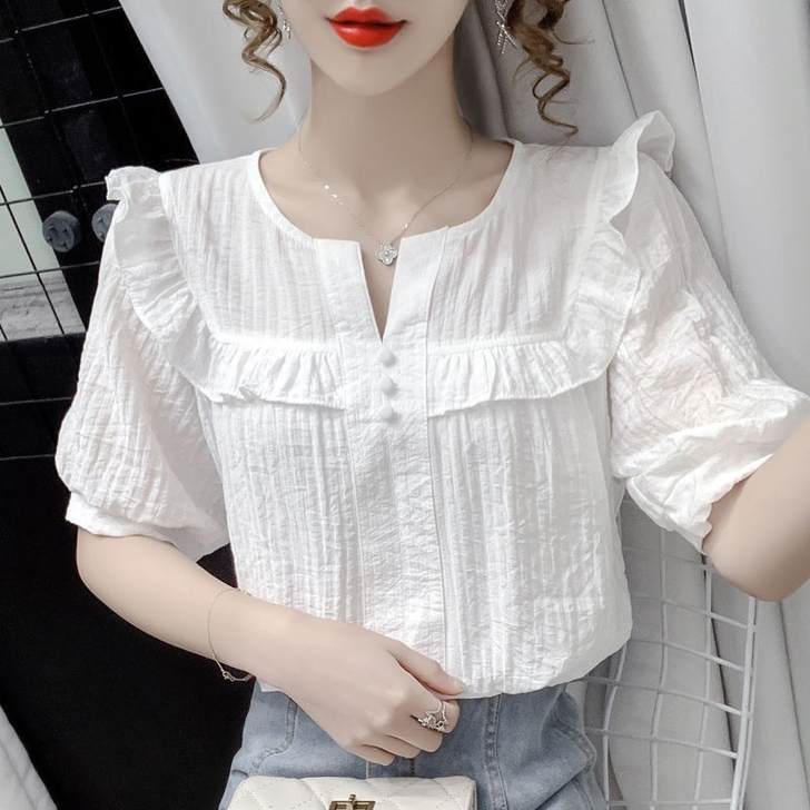 衬衫短袖女2021夏季新款法式宫廷风木耳边...