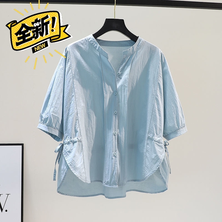 2021浅蓝色收腰薄款棉质衬衫女侧开叉前短...