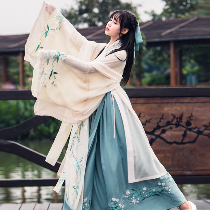 汉服女学生中国风广袖长款齐腰襦裙杜若魏晋风...