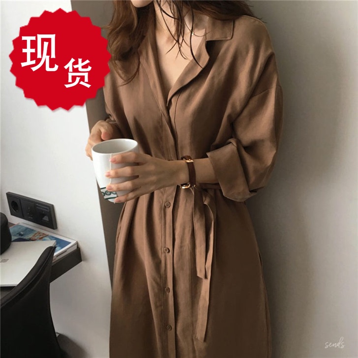 春夏2021长袖中长款过膝盖V领衬衫裙 宽...