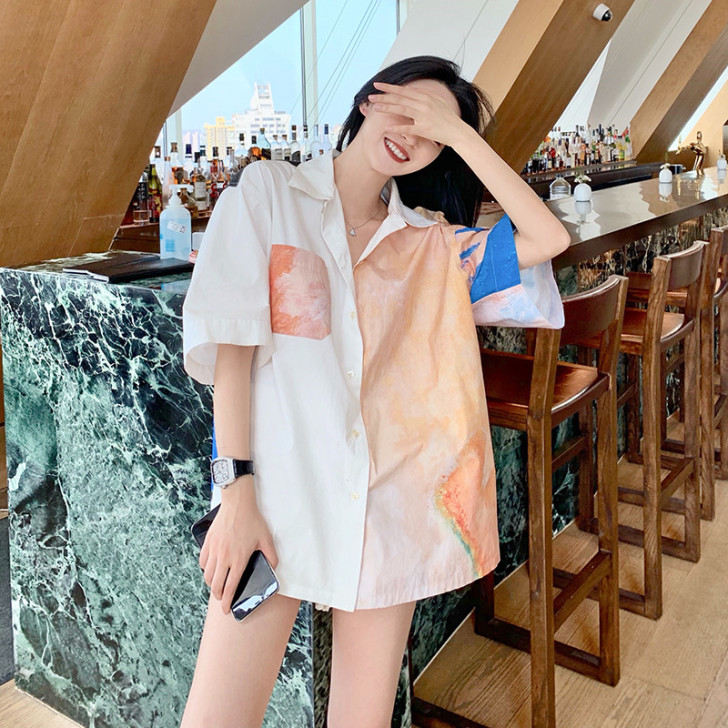 【狂欢价】夏季新款油画印花衬衫女慵懒风上衣...