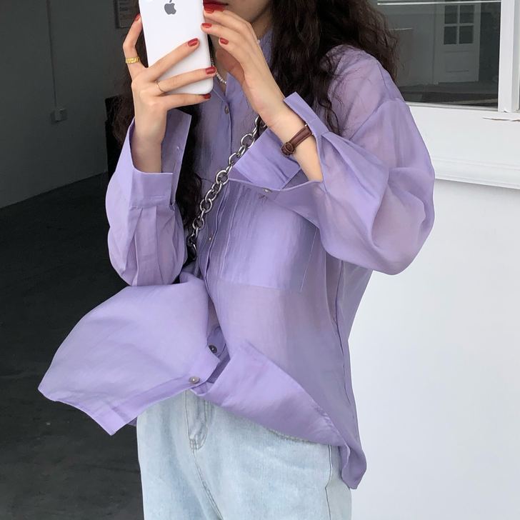 香芋紫防晒衬衫女夏薄款2020韩版洋气宽松...