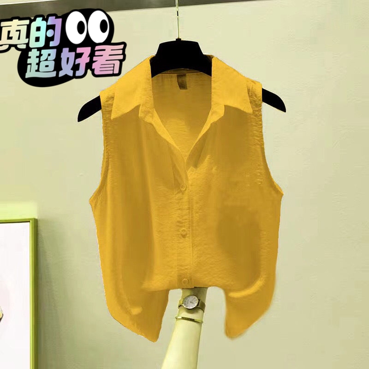夏季纯色无袖雪纺绉衬衣女洋气时尚外穿坎肩百...