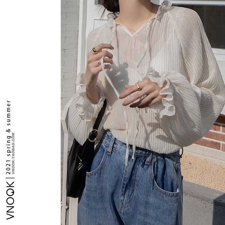 VNOOK 洋气打底蕾丝衫女2021早春新...