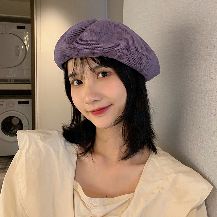 日系潮ins百搭紫色八角贝雷帽女夏季薄款透...