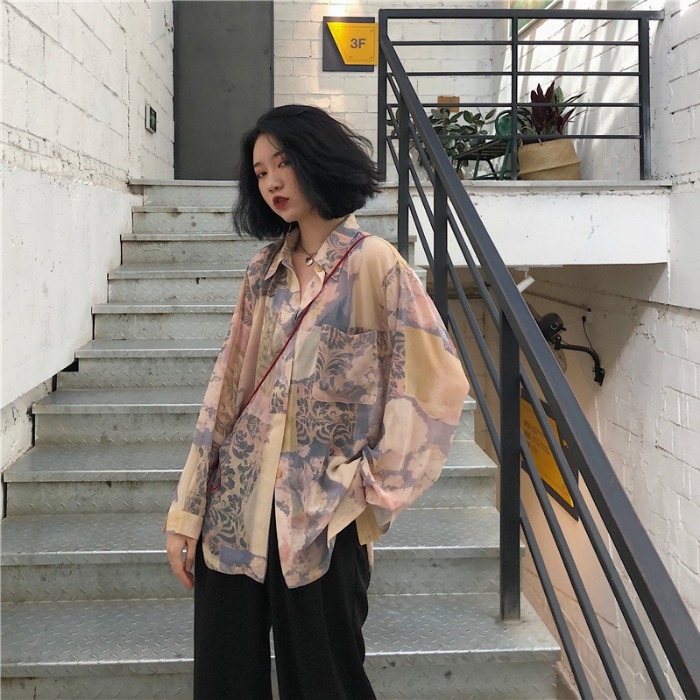 复古港风chic小众长袖印花上衣衬衫女宽松...