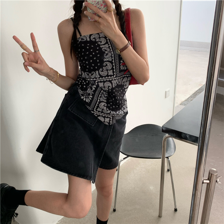 复古港风chic夏腰果花露肩抹胸吊带女设计...