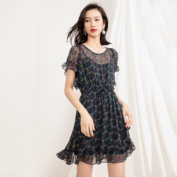 裙子夏女2018新款短袖复古印花显瘦荷叶边...