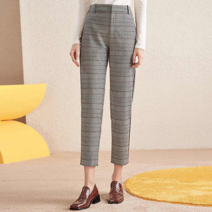 衣香丽影格子九分裤休闲裤女修身显瘦裤子新秋...