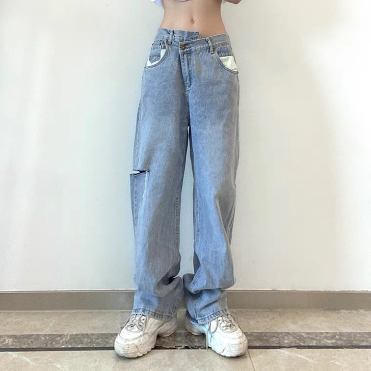设计感错位纽扣 高腰显高不规则腰头牛仔裤破...