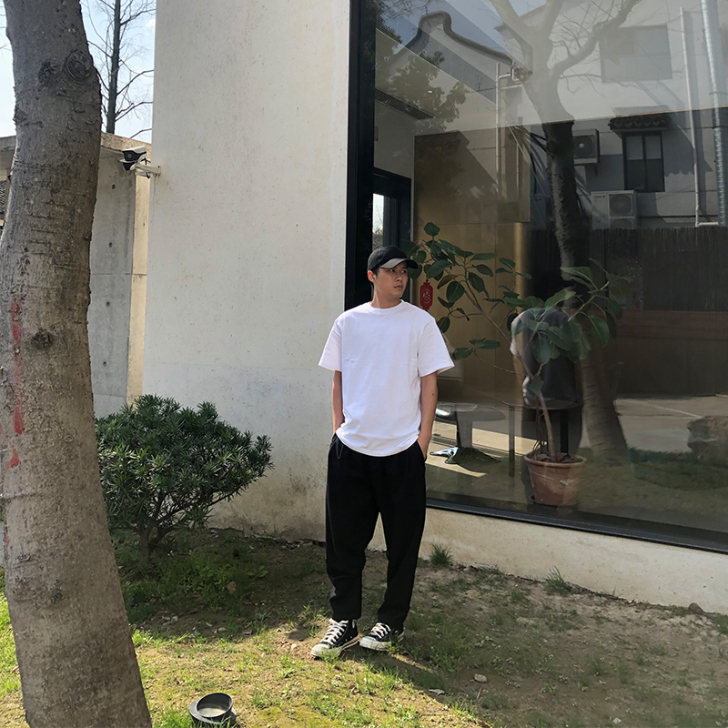 短袖T恤男纯白色纯棉短袖体恤衫潮宽松白T圆...