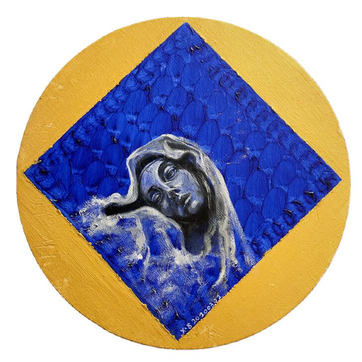 直径30cm，纯手工油画，底色为带金箔的进...