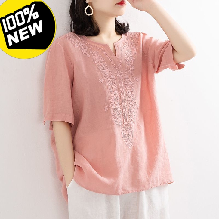 纯棉v领夏季新款棉麻衬衫女文艺宽松套头刺绣...