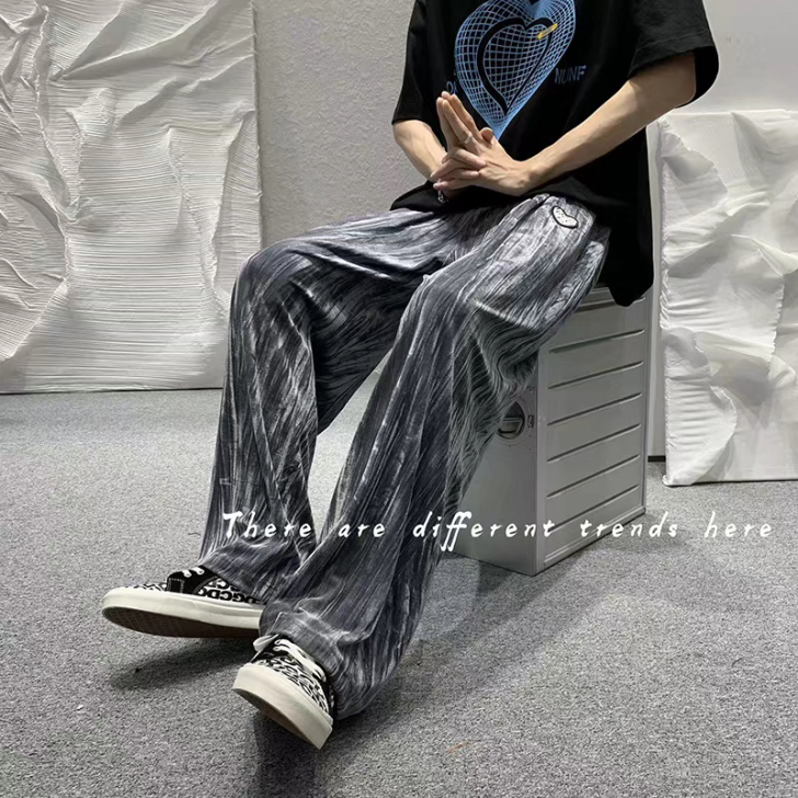 高街扎染冰丝裤子男夏季薄款ins宽松拖地休...