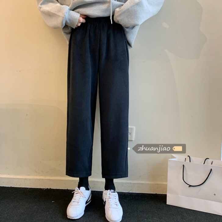 加绒加厚直筒裤子女春秋2021新款韩版宽松...