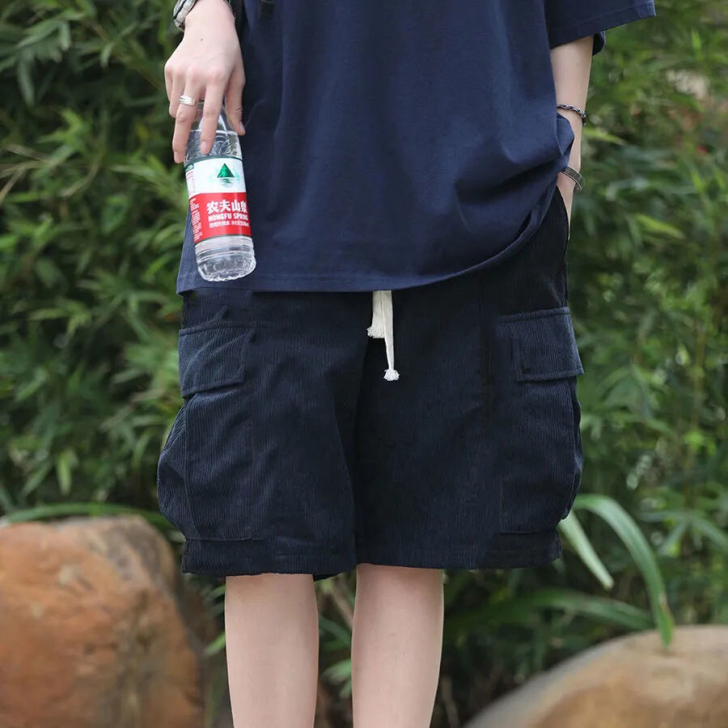 日系复古宽松机能灯芯绒拼接工装短裤男女情侣...