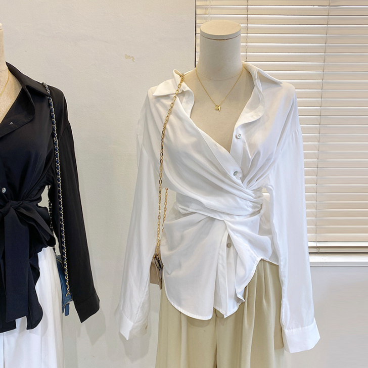 收腰衬衫女设计感小众系带垂感显瘦轻熟宽松长...